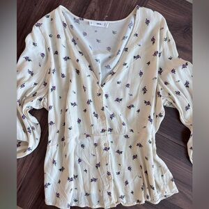 Cream and pink floral print peplum blouse